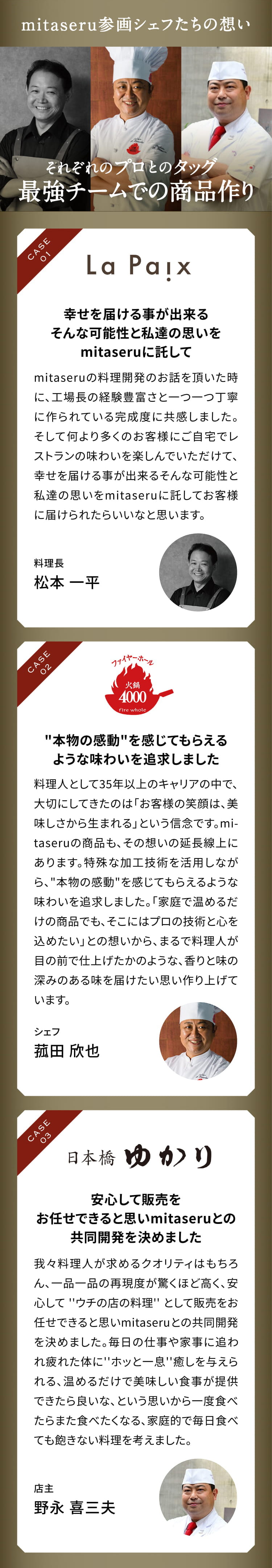 TEAMING UP
                  それぞれのプロとのタッグ 最強チームでの商品作り
                  CASE 01: La Paix
                  幸せを届ける事が出来る そんな可能性と私達の思いを mitaseruに託して
                  mitaseruの料理開発のお話を頂いた時に、工場長の経験豊富さと一つ一つ丁寧に作られている完成度に共感しました。そして何より多くのお客様に自宅でレストランの味わいを楽しんでいただけて、幸せを届ける事ができるそんな可能性と私達の思いをmitaseruに託してお客様に届けられたらいいなと思います。
                  料理長 松本 一平
                  CASE 02: 火炎4000
                  本物の感動を感じてもらえる そんな味わいを追求しました
				  私達が24年以上のキャリアの中で、大切にしてきたのは「お客様の笑顔は、絶対に裏切られるべきではない」という信念です。mitaseruの商品も、その想いの延長線にあります。特殊な加工技術を活用しながら、本物の感動を感じてもらえるような味わいを追求しました。「家庭で温めるだけの商品でも、そこにはプロの技術を込めたい」という想いから、手間ひまかけて作り、香りと味の深みのある料理を提供したいと思い作り上げています。
                  シェフ 瑛田 欣也
                  CASE 03: 日本橋 ゆかり
                  安心して販売を お任せできると思いmitaseruとの共同開発を決めました
                  我々料理人が求めるクオリティはもちろん、一品一品の再現度が驚くほど高く、安心して“ウチの店の料理”として販売できると思いmitaseruとの共同開発を決めました。毎日の仕事で必要に迫られ体にホッと、癒しを与えられる、温かさを持った美味しい食事が提供できたら良いな、という思いから家庭での食事を毎日食べても飽きない料理を作りました。
                  店主 野永 喜三夫
                  