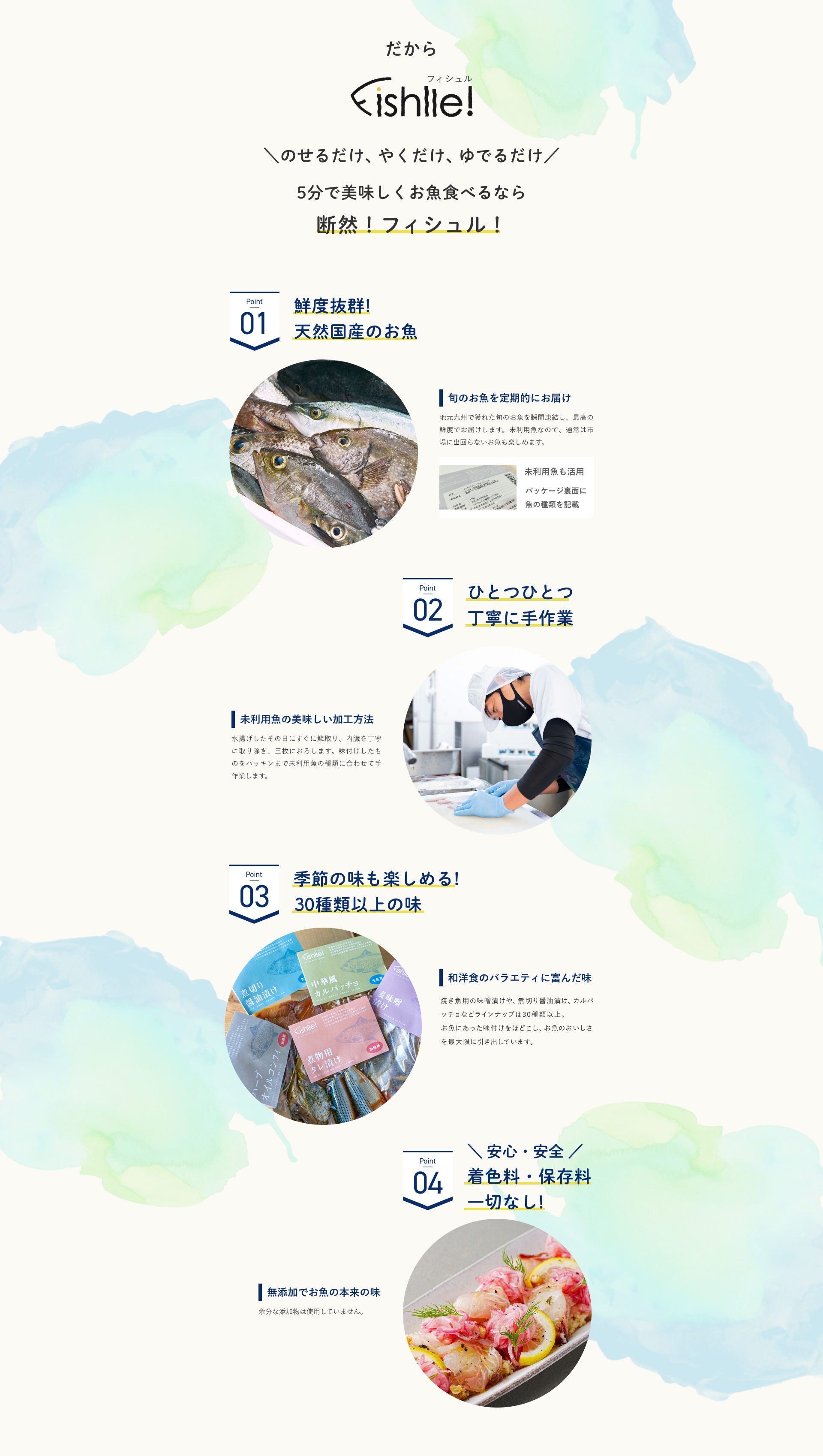 1つでも当てはまる方はフィシュルにお任せください。Point1鮮度抜群！天然国産のお魚。旬のお魚を定期的にお届け。地元九州で獲れた旬のお魚を瞬間凍結し、最高の鮮度でお届けします。未利用魚なので、通常は市場に出回らないお魚も楽しめます。未利用魚も活用。パッケージ裏面に魚の種類を記載。Point2ひとつひとつ丁寧に手作業。水揚げしたその日にすぐに鱗取り、内臓を丁寧に取り除き、三枚におろします。味付けしたものをパッキングまで未利用魚の種類に合わせて手作業します。Point3季節の味も楽しめる！20種類以上の味。毎月新フレーバー追加！和洋食のバラエティに富んだ味。焼き魚用の味噌漬けや、煮切り醤油漬け、カルパッチョなど、食の専門家による風味が20種類以上。お魚にあった味付けを施し、味の魅力を最大限に引き出しています。Point4安心・安全着色料・保存料一切なし！無添加でお魚の本来の味。余分な添加物は使用していません。