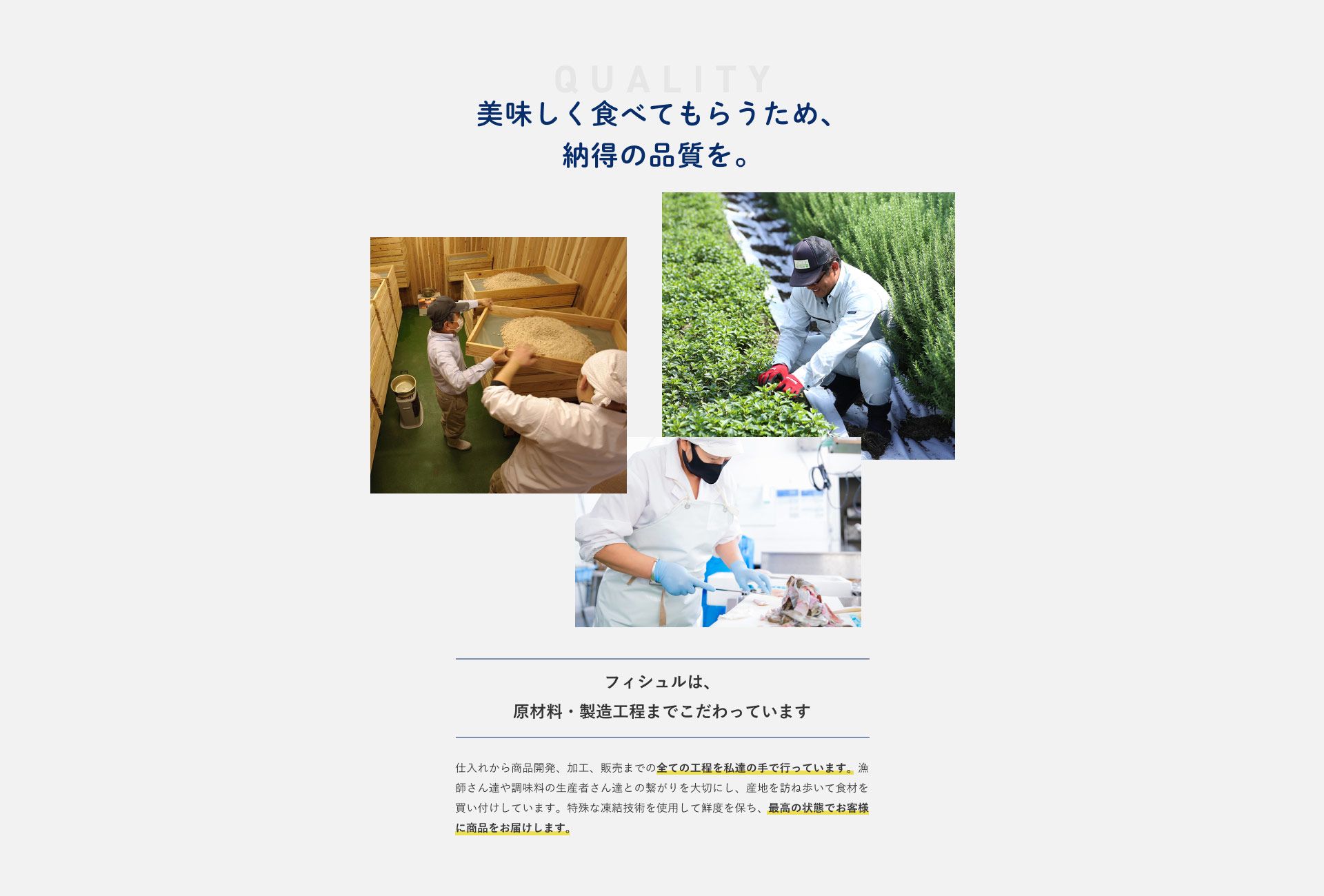 美味しく食べてもらうため、納得の品質を。 フィシュルは原材料・製造工程までこだわっています 仕入れから商品開発、加工、販売までの全ての工程を私たちの手でおこなっています。漁師さんたちや調味料の生産者さんたちとのつながりを大切にし、産地を訪ね歩いて食材を買付しています。特殊な凍結技術を使用して鮮度を保ち、最高の状態でお客様に商品をお届けします。