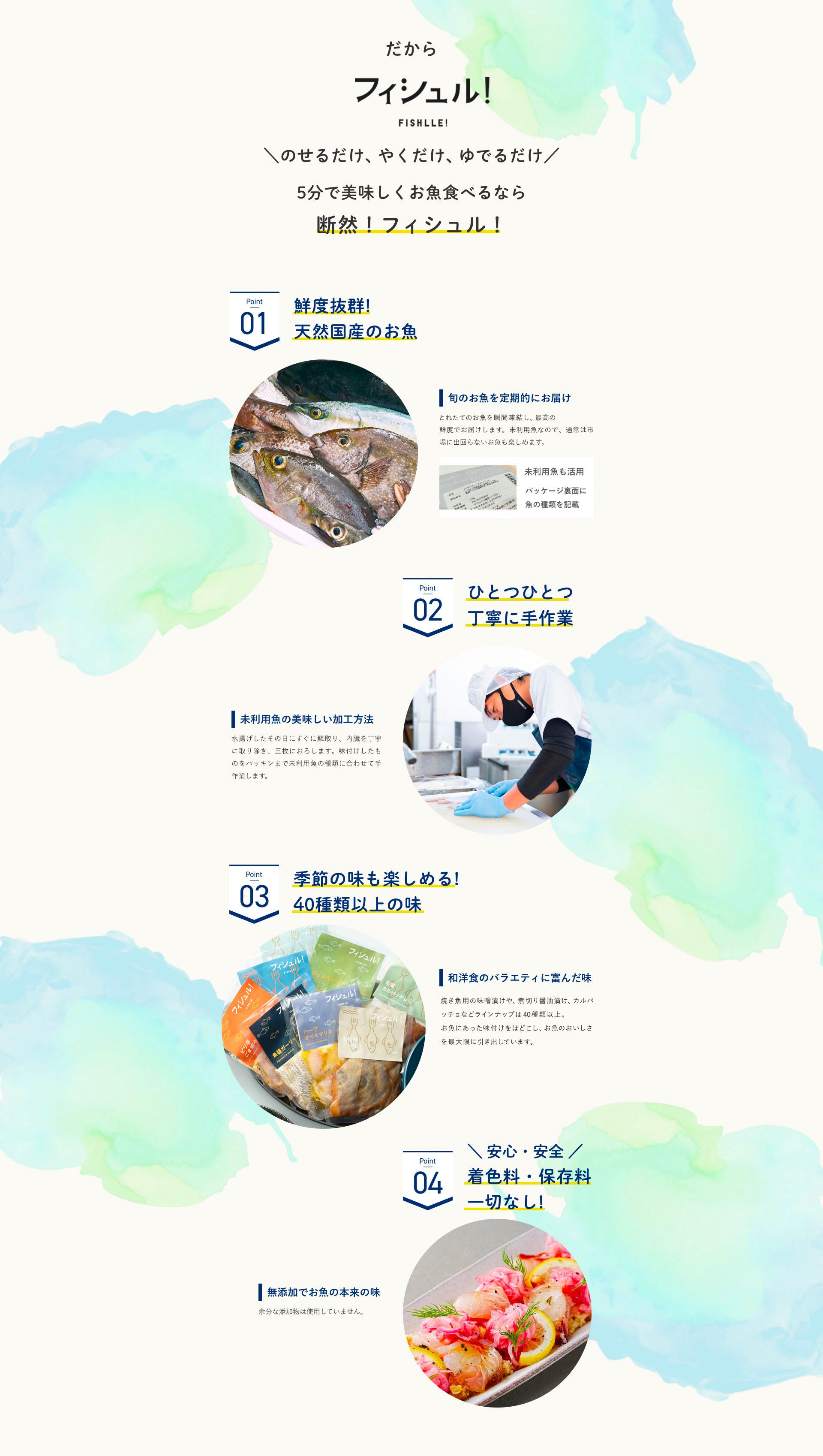 1つでも当てはまる方はフィシュルにお任せください。Point1鮮度抜群！天然国産のお魚。旬のお魚を定期的にお届け。地元九州で獲れた旬のお魚を瞬間凍結し、最高の鮮度でお届けします。未利用魚なので、通常は市場に出回らないお魚も楽しめます。未利用魚も活用。パッケージ裏面に魚の種類を記載。Point2ひとつひとつ丁寧に手作業。水揚げしたその日にすぐに鱗取り、内臓を丁寧に取り除き、三枚におろします。味付けしたものをパッキングまで未利用魚の種類に合わせて手作業します。Point3季節の味も楽しめる！20種類以上の味。毎月新フレーバー追加！和洋食のバラエティに富んだ味。焼き魚用の味噌漬けや、煮切り醤油漬け、カルパッチョなど、食の専門家による風味が20種類以上。お魚にあった味付けを施し、味の魅力を最大限に引き出しています。Point4安心・安全着色料・保存料一切なし！無添加でお魚の本来の味。余分な添加物は使用していません。