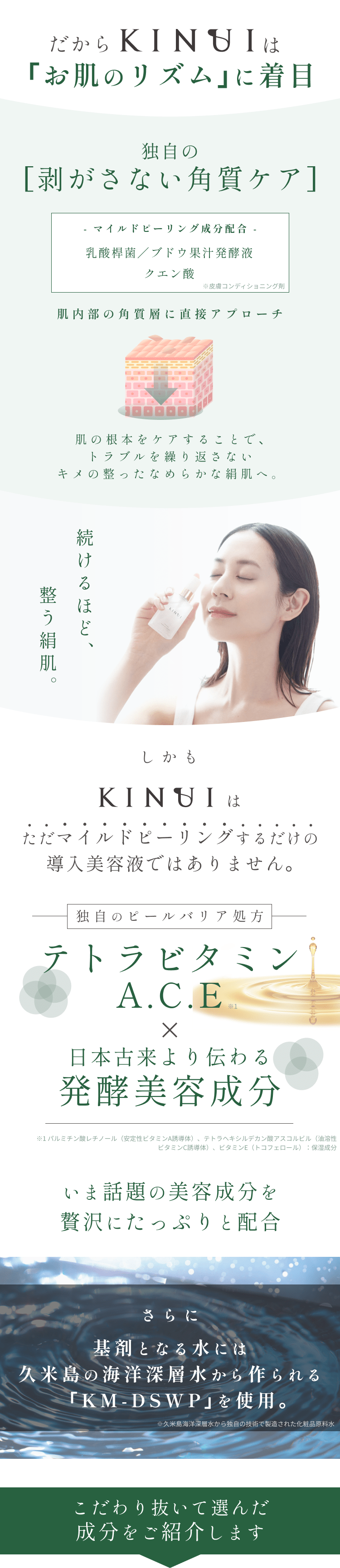 
だからKINUIは｢お肌のリズム｣に着目
世界初の新処方
テトラビタミンA.C.E
日本古来より伝わる｢発酵｣のチカラ
続けるほど、整う絹肌。
        