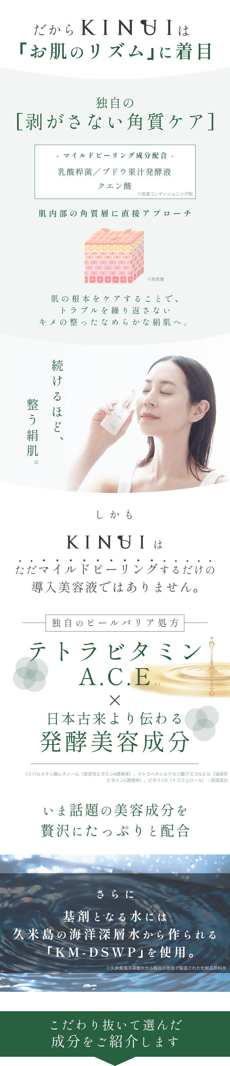 
だからKINUIは｢お肌のリズム｣に着目
世界初の新処方
テトラビタミンA.C.E
日本古来より伝わる｢発酵｣のチカラ
続けるほど、整う絹肌。
        