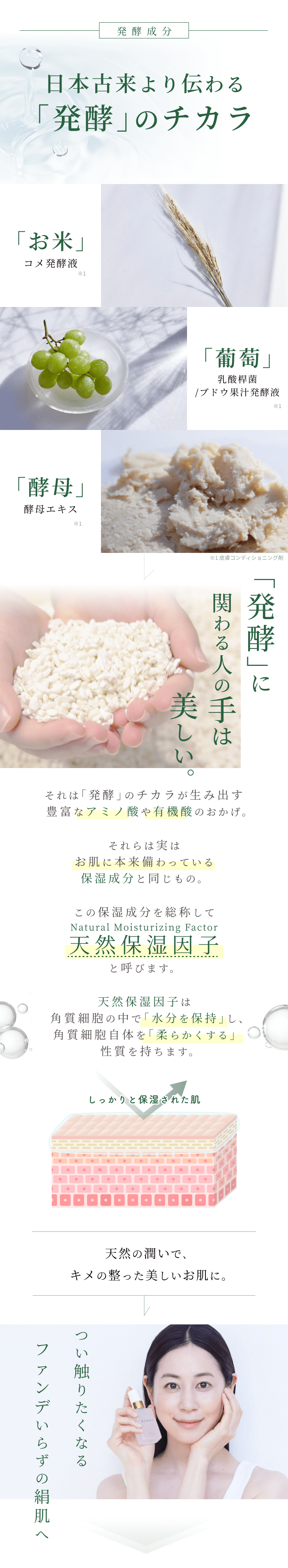 
発酵成分 日本古来より伝わる｢発酵｣のチカラ
「葡萄」乳酸桿菌/ブドウ果汁発酵液
「お米」コメ発酵液
「酵母」酵母エキス
「発酵」に関わる人の手は美しい。
それは｢発酵｣のチカラが生み出す豊富なアミノ酸や有機酸のおかげ。
それらは実はお肌に本来備わっている保湿成分と同じもの。
この保湿成分を総称して天然保湿因子(Natural Moisturizing Factor)と呼びます。
天然保湿因子は角質細胞の中で｢水分を保持｣し、角質細胞自体を｢柔らかくする｣性質を持ちます。
しっかりと保湿された肌はバリア機能もUP
正常な肌リズムをとり戻し、キメの整った毛穴の目立たない肌に。
毛穴・ポツポツにもう悩まない
つい触りたくなるファンデいらずの絹肌へ
        