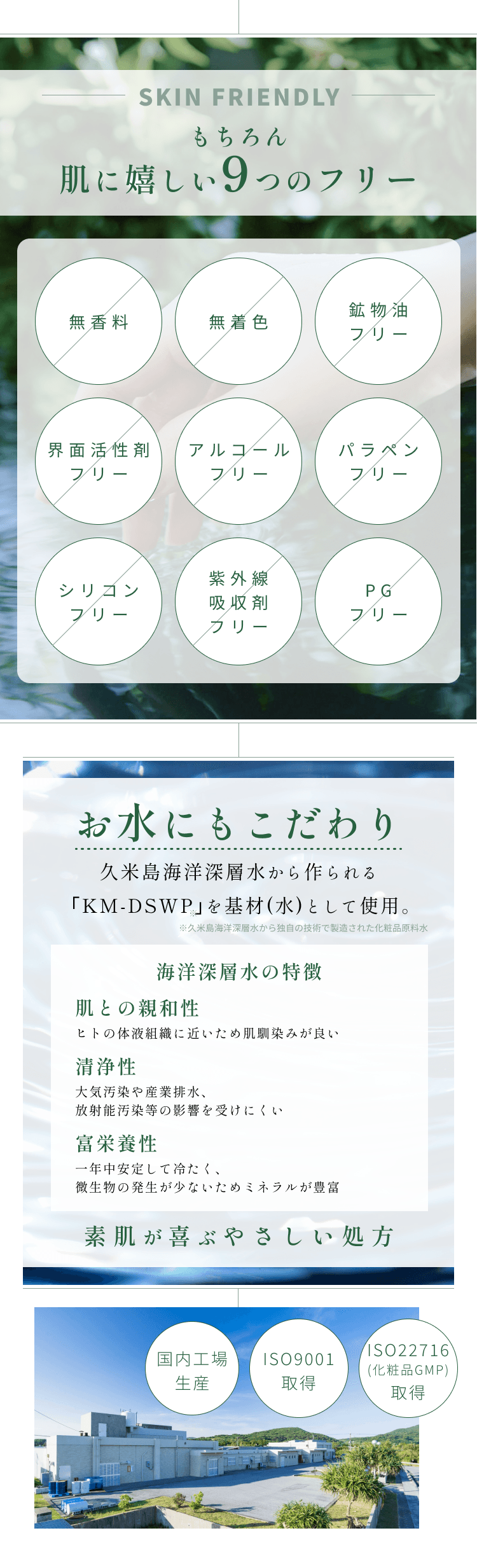 
もちろん肌に嬉しい9つのフリー
無香料 無着色 鉱物油フリー 界面活性剤フリー アルコールフリー パラペンフリー シリコンフリー 紫外線吸収剤フリー PGフリー
お水にもこだわり久米島海洋深層水から作られる｢KM-DSWP｣を基材(水)として使用。
相対コラーゲン産生活性(%) 2.1倍
ヒト皮膚線維芽細胞を用いたプロコラーゲン産生量に関する比較実験を行った結果、プロコラーゲン産生促進効果が認められました。
国内工場生産
ISO9001取得
        