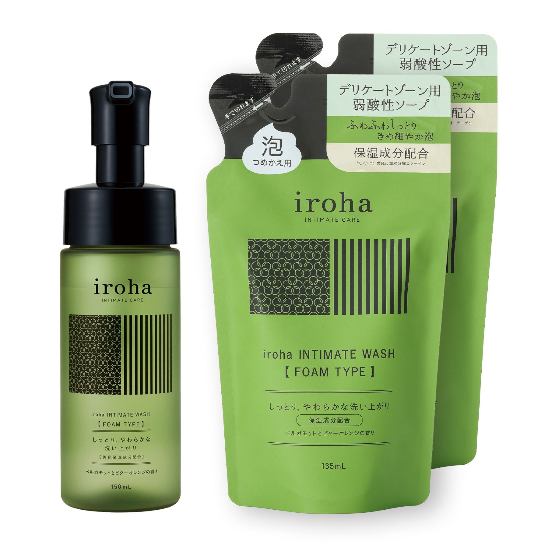iroha INTIMATE WASH 【FOAM TYPE】（ベルガモットとビターオレンジの香り）本体１本＋詰め替え用２個セット