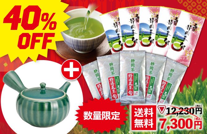 静岡茶旬5袋＋特選荒茶旬5袋＋帯網急須 緑