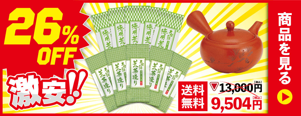 荒茶造り5袋＋徳用荒茶5袋＋帯網急須 朱泥松