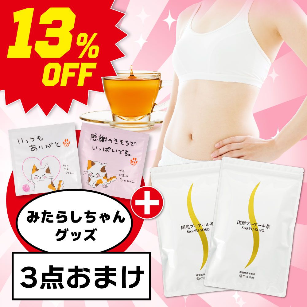 ■13％OFF 国産プーアール茶（2g×30包）2袋+みたらしちゃんプレゼント 送料無料　