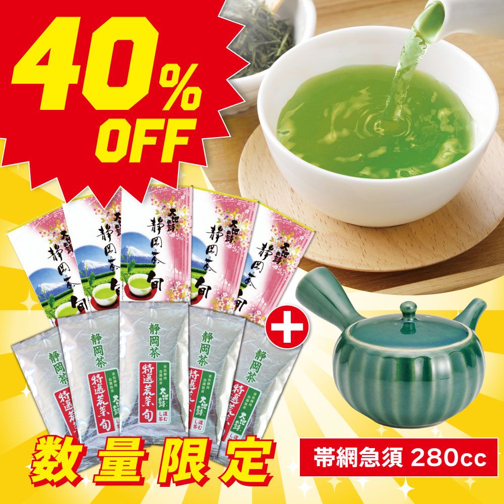 ■40％OFF 静岡茶旬5袋＋特選荒茶旬5袋＋帯網急須 緑 送料無料　