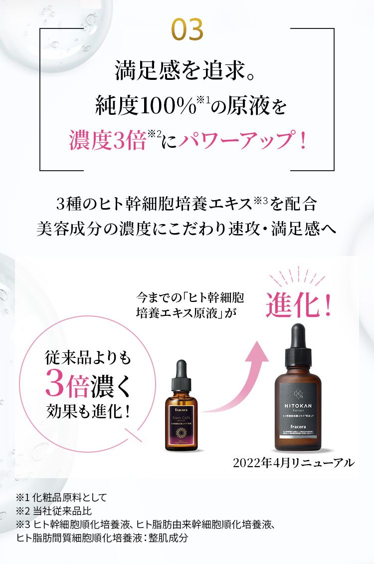 03 満足感を追求。純度100%の原液を濃度3倍にパワーアップ！従来品よりも3倍濃く効果も進化！